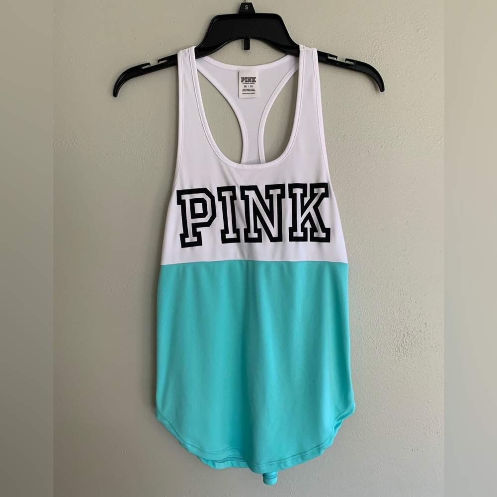 Victoria’s Secret PINK block letter teal and white racer back tank top XS